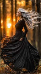 Naklejka premium Elegant woman in flowing gown sunset forest long silver hair
