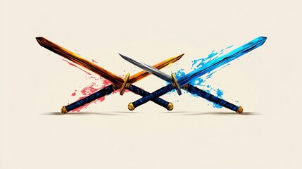 Crossed orange, blue, and silver swords with matching color splashes on beige backdrop