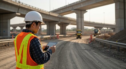 Fototapeta premium Construction worker using tablet on highway construction site