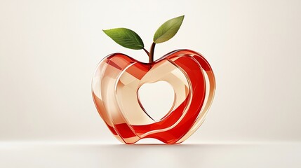 Crystal apple with a heart shaped core and green leaves, beige background