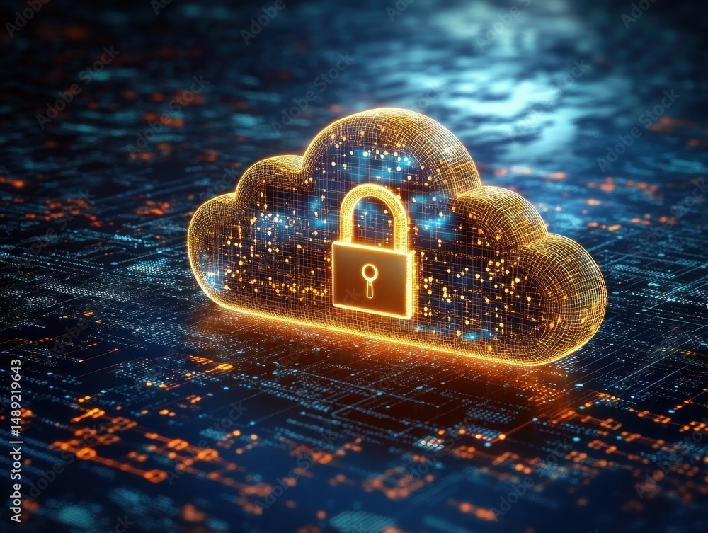 Poster glowing digital cloud with a secure lock symbolizing cloud security and data protection in a futuris