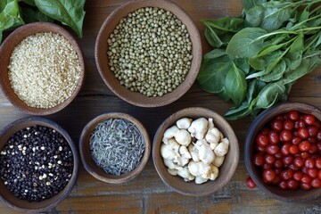 Variety of whole foods arranged on a wooden surface