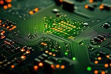 Obraz premium Close-up view of an illuminated circuit board with glowing orange and green lights and intricate pathways