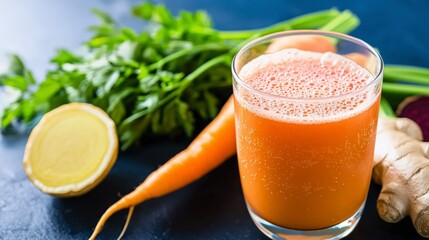 Fototapeta premium Healthy Carrot Ginger Beet Juice Drink Recipe Fresh Ingredients