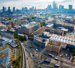 Aerial view of Blackfriars station with solar panels on the roof, London skyline and St. Paul’s Cathedral in the background