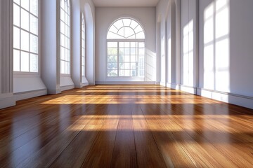 Obraz premium Sunlight streams into a spacious, elegant hallway