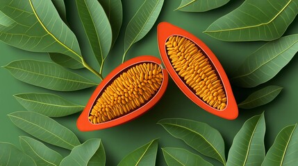 Cut fruit halves with seeds surrounded by vibrant green leaves