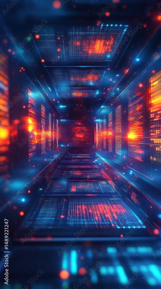 Poster futuristic digital tunnel with glowing blue and orange lights and intricate grid patterns creating a