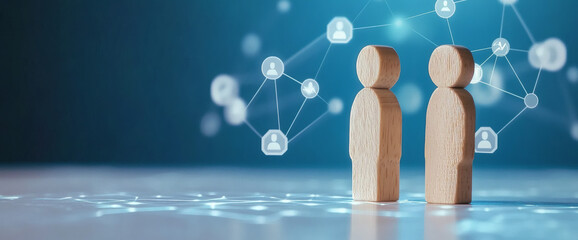 Three groups of individuals are linked by lines. Coordination and knowledge exchange. Outsourcing. Business model of teams. Self-organizing structure innovation. High autonomy of company teams.