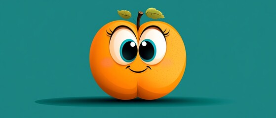 Cute cartoon peach character with large eyes on teal background