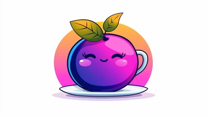 Cute plum teacup with leaves on saucer; cheerful gradient background