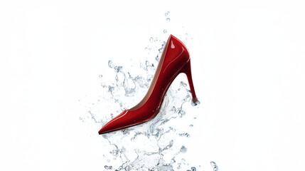 Elegant Red High Heel in Midair with Water Splash
