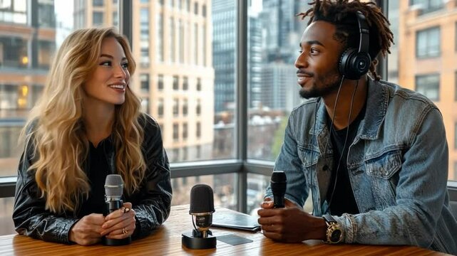 Podcast Interview: A captivating image showcasing an engaging conversation between a male and female podcast host and guest, capturing a moment of lively discussion and information exchange.