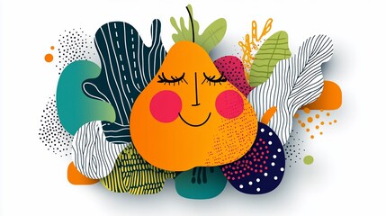 Cute smiling pear illustration with abstract shapes and patterns in colorful design