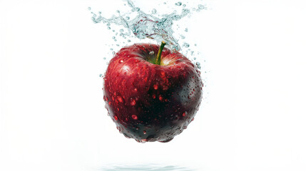 Glossy Red Apple Rotating in Water Droplets with Crisp Daylight