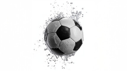 Classic Leather Soccer Ball Spinning in Water Droplets with Stadium Lights