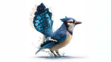 Blue Jay Bird Twisting in Water Droplets with Morning Sunlight