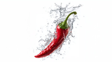 Shiny Red Chili Pepper Suspended in a Water Splash with Bright Lighting