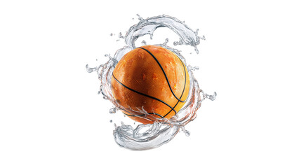 Bright Orange Basketball Spinning Mid-Motion in a Curving Water Splash