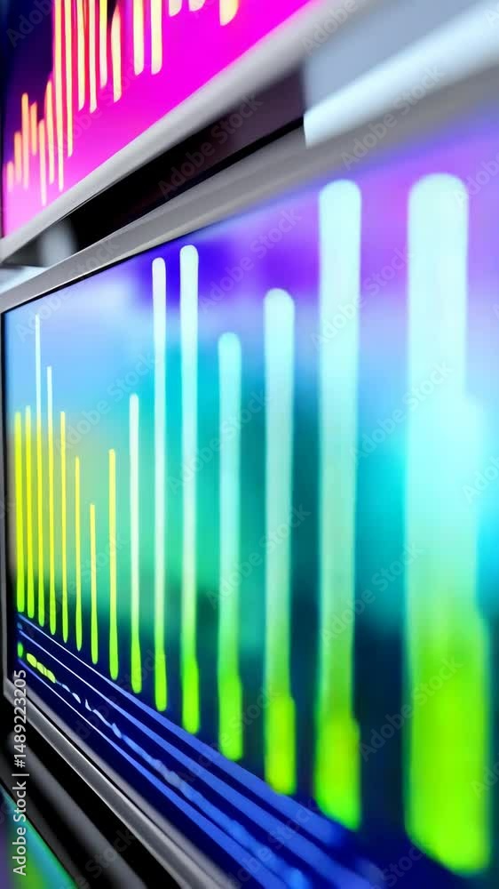 Poster abstract digital screen array displaying glowing yellow and pink bar graph data for business analyti
