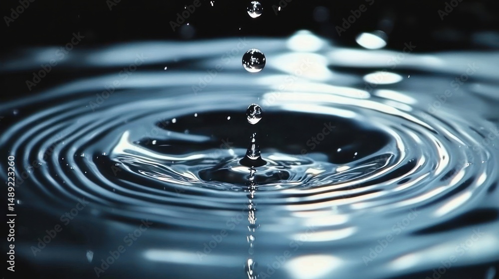 Poster close-up of water droplets falling into a calm pool creating concentric ripples with reflective ligh