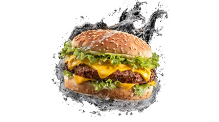 Delicious Cheeseburger Frozen Mid-Toss in a Splashing Water Twist