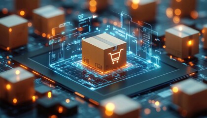 Digital representation of a cardboard box with a glowing shopping cart icon surrounded by futuristic holographic interface elements on a technology circuit board