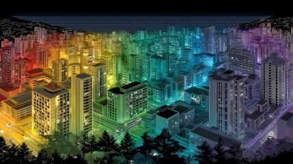 Vibrant Cityscape at Night  Rainbow Hues  Urban Architecture  Illuminated Buildings  Skyli