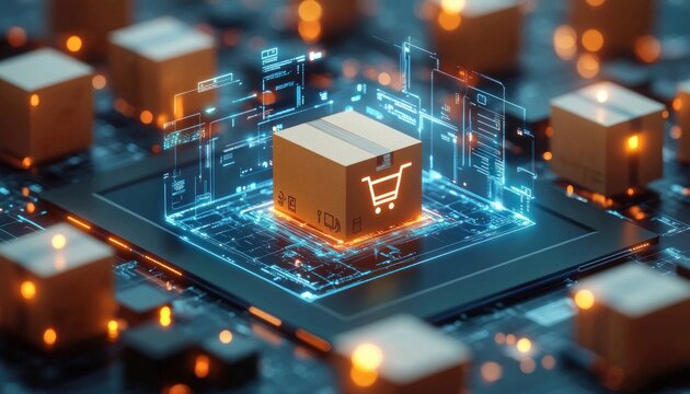 Digital representation of a cardboard box with a glowing shopping cart icon surrounded by futuristic holographic interface elements on a technology circuit board