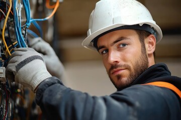 Focused male electrician wearing a white hard hat and protective gloves working on complex electrical wiring inside a panel