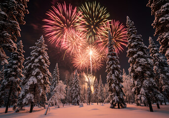 Fireworks over snowy forest