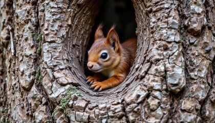 Curious Squirrel Peeking Out From Tree Hollow in a Lush Forest Environment