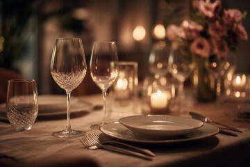 Elegant table setting with glasses and dinnerware