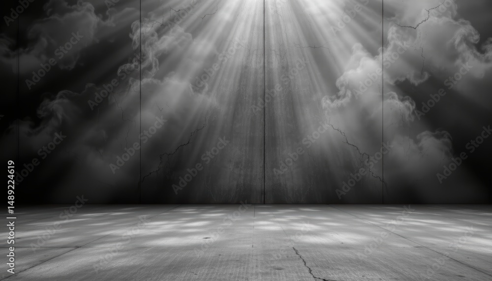 Poster dramatic light rays emerging from above in an empty concrete space with cloudy atmosphere