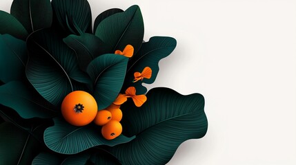 Dark, leafy greens contrast with bright orange berries, on a white background
