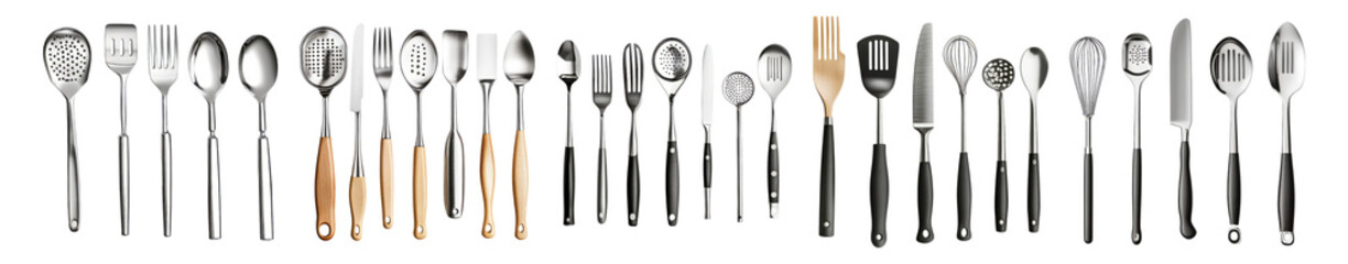 Fototapeta premium Assorted Kitchen Utensils and Tools for Cooking and Baking Needs, Isolated on Transparent, white background