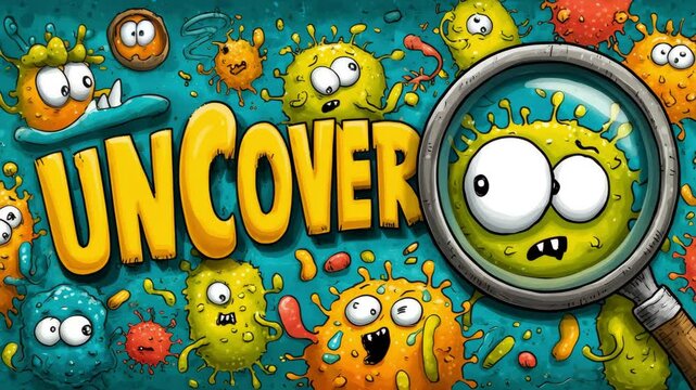 Cartoon germs and colorful microbes animate with facial expressions and 'UNCOVER' text under a magnifying glass, stylized close-up with flat 2D motion