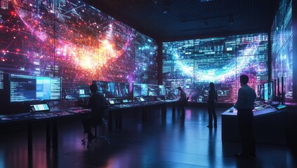 High-tech control room with holographic displays