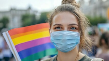 Pride and Protection: A young woman smiles confidently, wearing a protective face mask while holding a rainbow pride flag. Her expression radiates positivity and strength. 