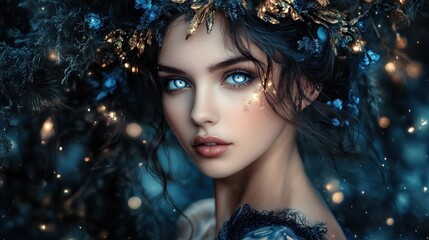 Enchanted woman with blue eyes and floral crown dark fantasy portrait