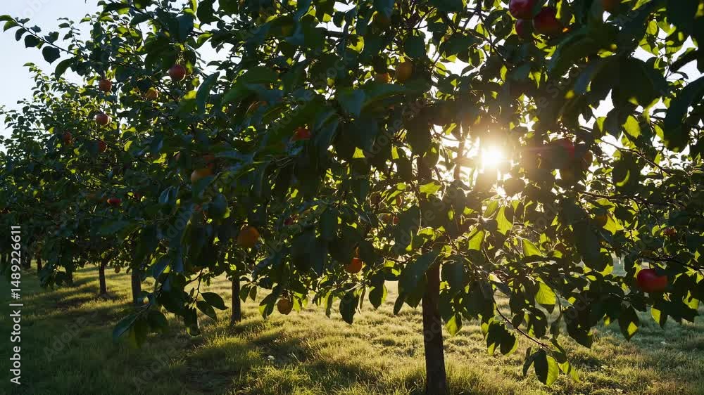 Poster golden hour sunlight filters through leaves of apple trees in an orchard, creating a warm and inviti