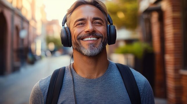 Smiling middle-aged man with gray beard wearing headphones and a backpack walking outdoors on a sunny day - Powered by Adobe