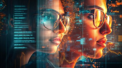 Visionary Analyst: The profile of a focused professional, enhanced with digital overlays representing the fusion of technology, intelligence, and innovation. Reflecting the essence of data analytics. - Powered by Adobe