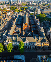 Aerial view of the historic Royal Courts of Justice in London's legal district on a clear day