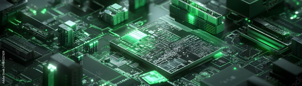 Poster intricate circuit board design with glowing components.
