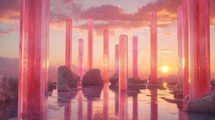 Crystal columns reflect sunset on surreal landscape with rocks & clouds. Art backdrop