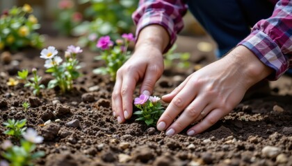 Person's Hands Planting Colorful Flowers in Fresh Soil of a Garden in Springtime Outdoors