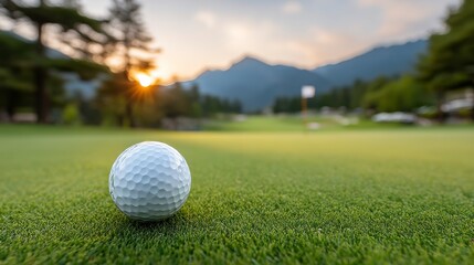 Golf Ball on Green  Sunset  Mountains  Putting Green  Sport
