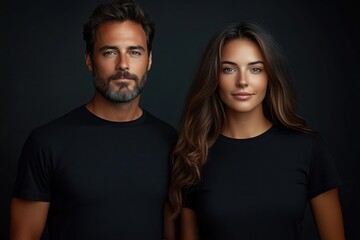 Portrait of a confident man and woman standing side by side against a dark background wearing black t-shirts with calm expressions