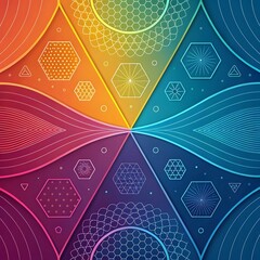"Vibrant geometric abstract with hexagons and lines in a rainbow gradient palette."

